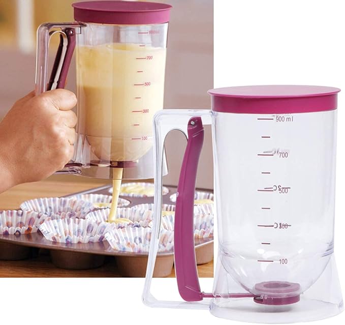UPKOCH Batter Dispenser with Measuring Markings - ABS+Silicone Baking Tool for Pancakes, Waffles & Muffins | Leak-Proof Design (Rosy, 7.3in/18.5cm)