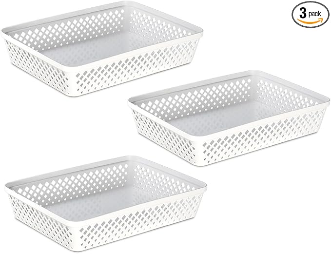 Glad Plastic Storage Basket Set - Multipurpose Drawer Trays, Kitchen Pantry Containers, and Bathroom Bins - 3 Pack Large Organizers, White
