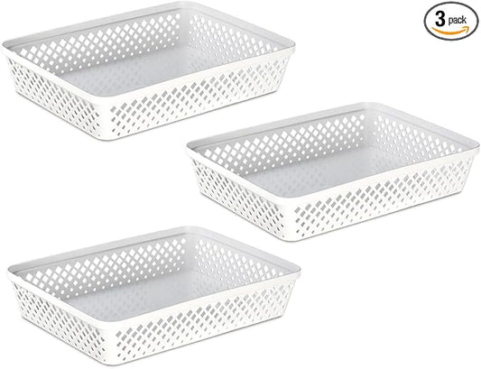 Glad Plastic Storage Basket Set - Multipurpose Drawer Trays, Kitchen Pantry Containers, and Bathroom Bins - 3 Pack Large Organizers, White
