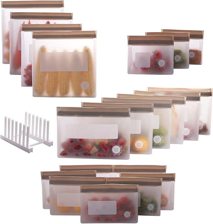 Reusable Silicone Food Storage Bags – 21-Pack Stand-Up, BPA-Free, Freezer, Dishwasher Safe & Eco-Friendly – 4 Gal, 6 L, 7 M, 3 S + Rack – Airtight Leakproof Sandwich, Snack, and Meal Prep Bags (Grey)