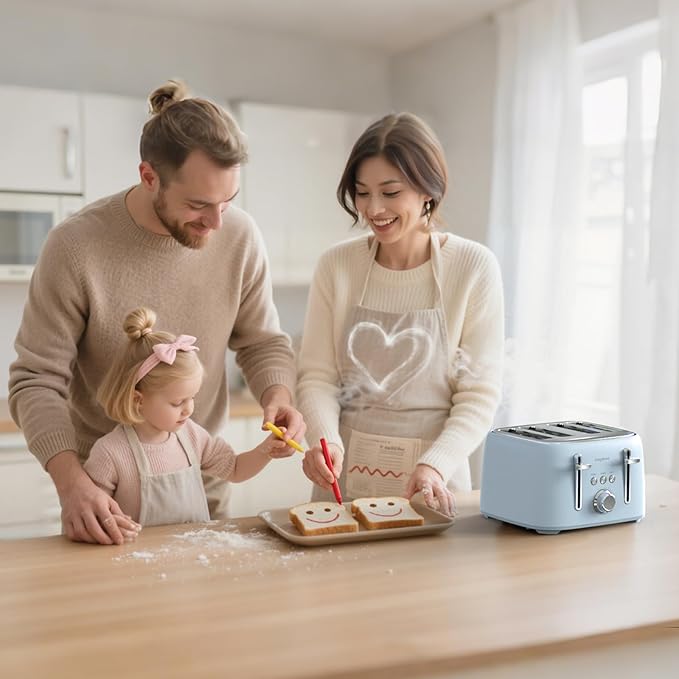 4-Slice Toaster 1.5" Extra Wide Slot Stainless Steel with High Lift Lever, 6 Presets & Bagel/Defrost/Cancel Function, Removal Crumb Tray, Under Base Cord Storage, Blue