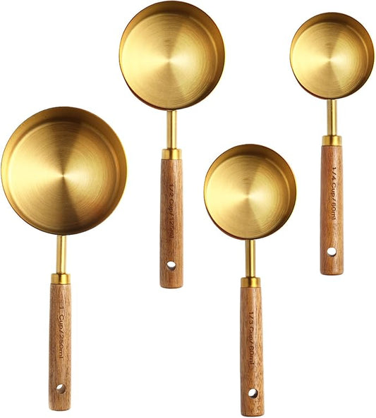4 Piece gold measuring cups set，Golden Stainless Steel Measuring Cup and spoons set with Wooden Handle for Food/Liquid/Baking in the Kitchen