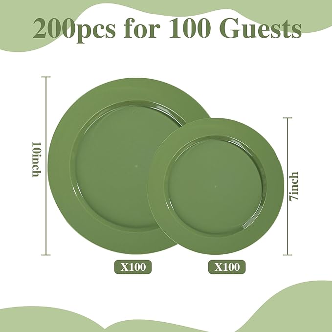 I00000 200 Pcs Green Plastic Plates, Green Disposable Plates Include 100 Dinner Plate 10’’ and 100 Dessert Plate 7’’ Perfect for Birthday, Party & Wedding