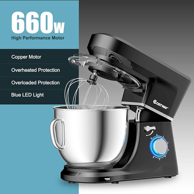 COSTWAY Stand Mixer, 6-Speed 7.5 QT Tilt-head Electric Kitchen Food Mixer 660W with Stainless Steel Bowl, Dough Hook, Beater, Whisk