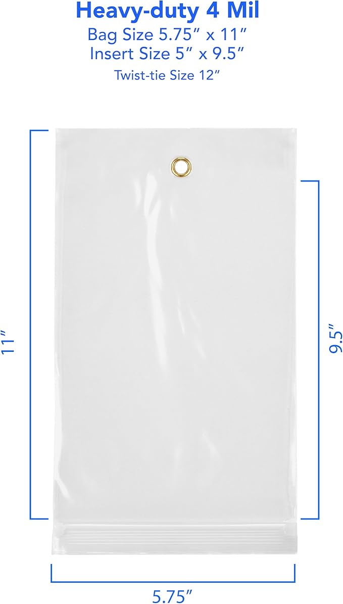 GPI - 5.75" x 11" Reclosable Zip Bags with Bottom Hang-hole & Pre-inserted 12" Twist-tie. 4 Mil Heavy-duty Resealable Zipper Baggy with Grommet/Metal Eyelet for Hanging (Insert Size 5x9.5) 1000 Pack