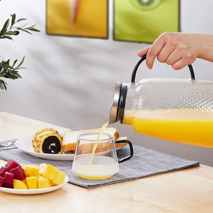 Purefold Pitcher with Lid, Glass Jug with Stainless Steel Lid for Hot and Cold Water, Fruit Tea, Coffee Maker, Ice Tea, Juice, Pineapple Series (Clear, 80 oz)