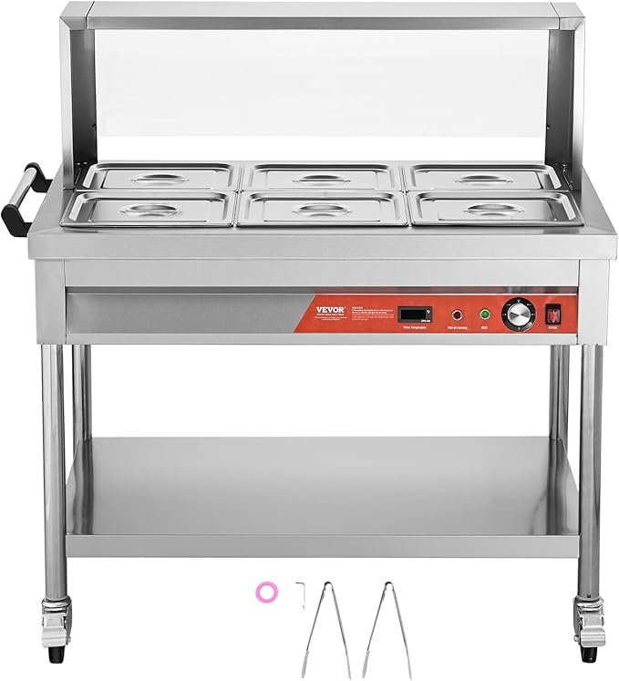 VEVOR 6-Pan Commercial Food Warmer, 6 x 1/2 Pans Electric Steam Table, 1500W Professional Buffet Catering Food Warmer with Shield Undershelf Wheels, Stainless Steel Server for Party Restaurant