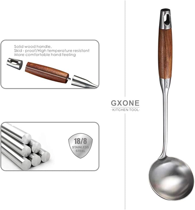 Soup Ladle,304 Stainless Steel Cooking Ladle Spoon Wok Tools with Long Wooden Handle Heat Resistant,Silver/14.6Inch