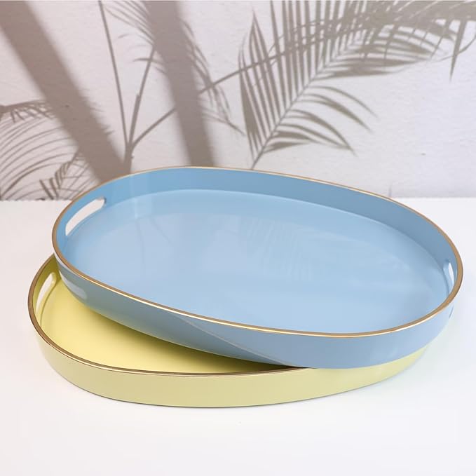 Spsyrine Blue Plastic Serving Tray for Ottoman, Coffee Table, Oval Decorative Tray for Entertaining, Outdoor, Living Room, Home Decor