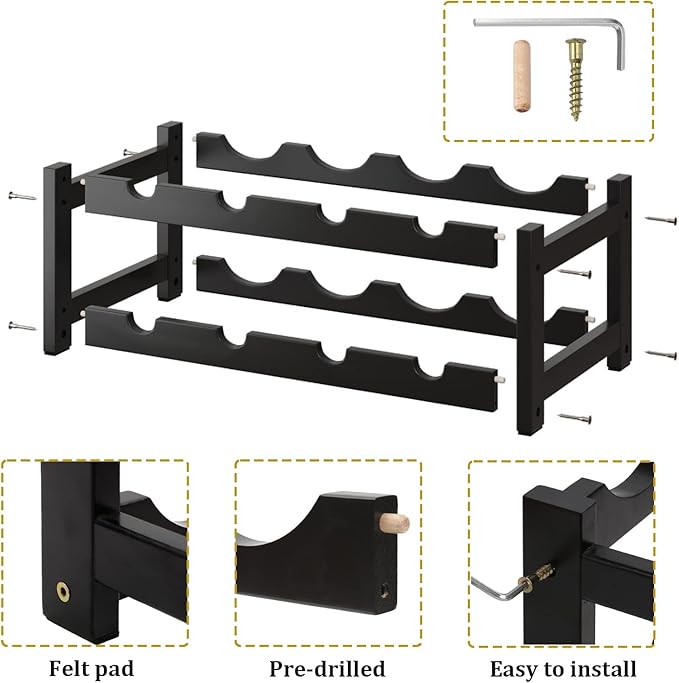 BAMEOS Wine Rack Freestanding 8 Bottle 2 Tier Bamboo Wine Racks Countertop Cabinet Wine Holder Wine Storage Shelf for Kitchen, Bar, Pantry, Wine Cellar, Countertop Black (16.85 L x 9.25W x 7H)