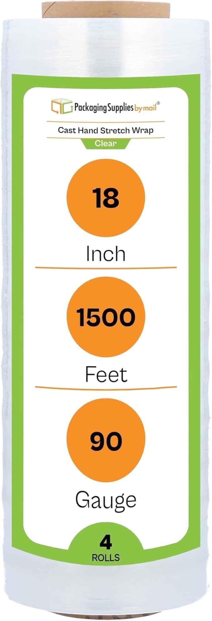 PSBM Stretch Wrap, 4 Pack, 18 Inch x 1500 Feet, 90 Gauge, Clear Plastic Cling, Cast Hand Stretch Film Rolls for Packaging Moving Packing Pallets
