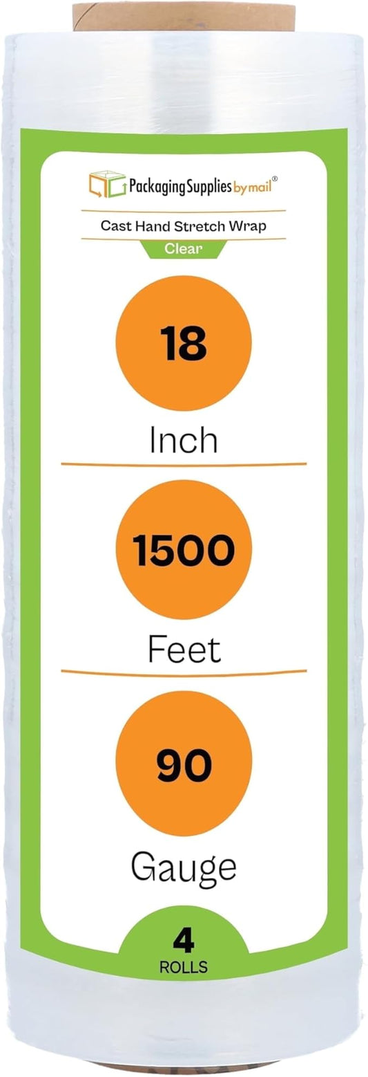 PSBM Stretch Wrap, 4 Pack, 18 Inch x 1500 Feet, 90 Gauge, Clear Plastic Cling, Cast Hand Stretch Film Rolls for Packaging Moving Packing Pallets