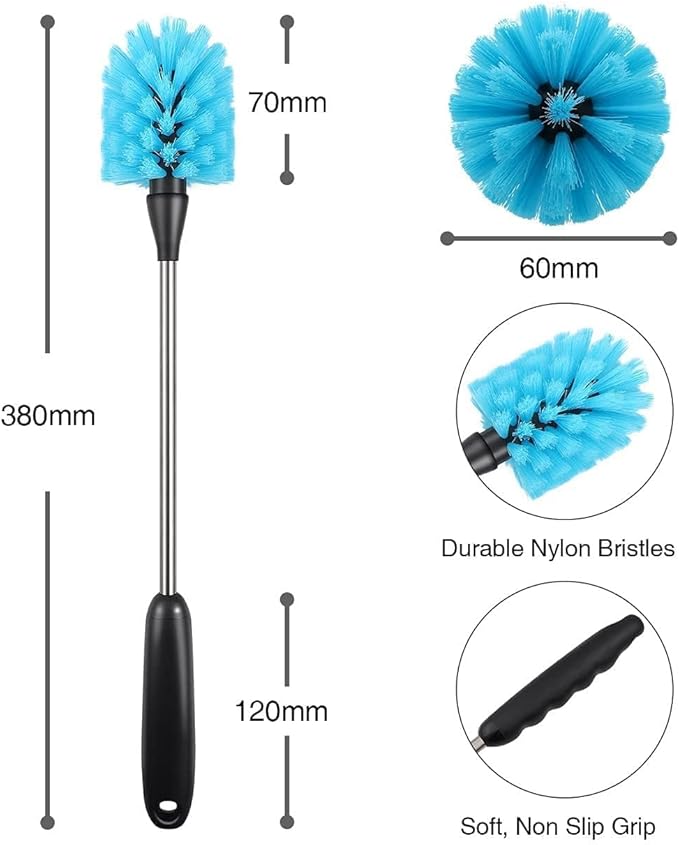 Stainless Steel Long Handled Water Bottle Brush-Flexible and Flexible Brush for Water Bottles, Milk Bottles, Glasses, Glassware, Food Jars, Wake-up Jars, 15 in.