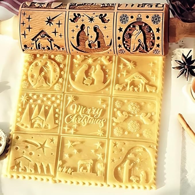 Christmas Wooden Rolling Pin for Baking,Engraved Embossing Rolling Pin Cookie Stamps Roller Square Grid Cookies Mold Kitchen Decor Tools for Kids Adults(Jesus Nine Palaces)