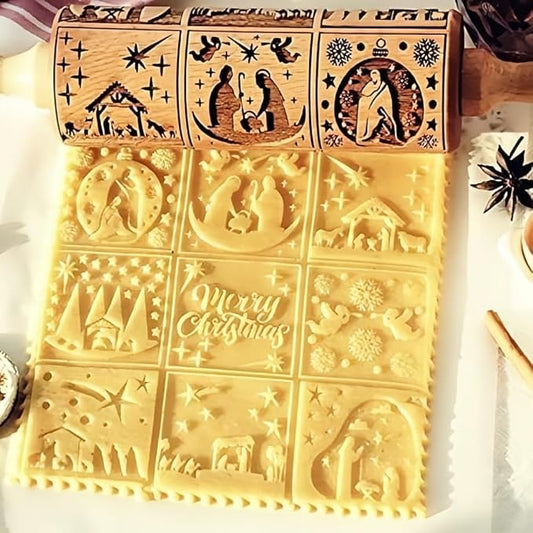 Christmas Wooden Rolling Pin for Baking,Engraved Embossing Rolling Pin Cookie Stamps Roller Square Grid Cookies Mold Kitchen Decor Tools for Kids Adults(Jesus Nine Palaces)