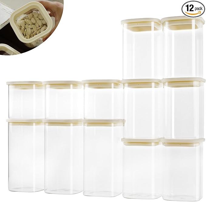 12pcs Square Glass Pantry Storage Containers with See Through Lids Kitchen Jars Sets for Cereal, Chips Refrigerator Safe, Professional Glass Canisters, Patent Approved (12PCS/MIX)
