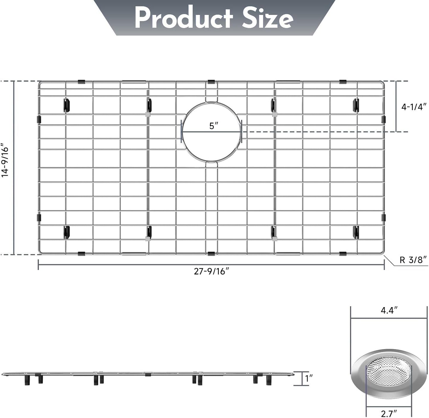 27-9/16" x 14-9/16" Stainless Steel Sink Protector, Sink Protectors for Kitchen Sink, Sink Grid, Sink Grate for Bottom with Rear Drain, Metal Sink Rack for Bottom of Sink with Corner Radius 3/16"
