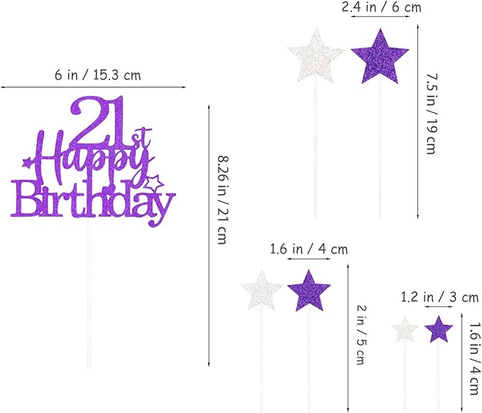 Glittery 21st Happy Birthday Cake Topper with Star,Personalised 21 Birthday Cake Toppers Party Decorations Party Supplies for Boys Girls Purple Silver
