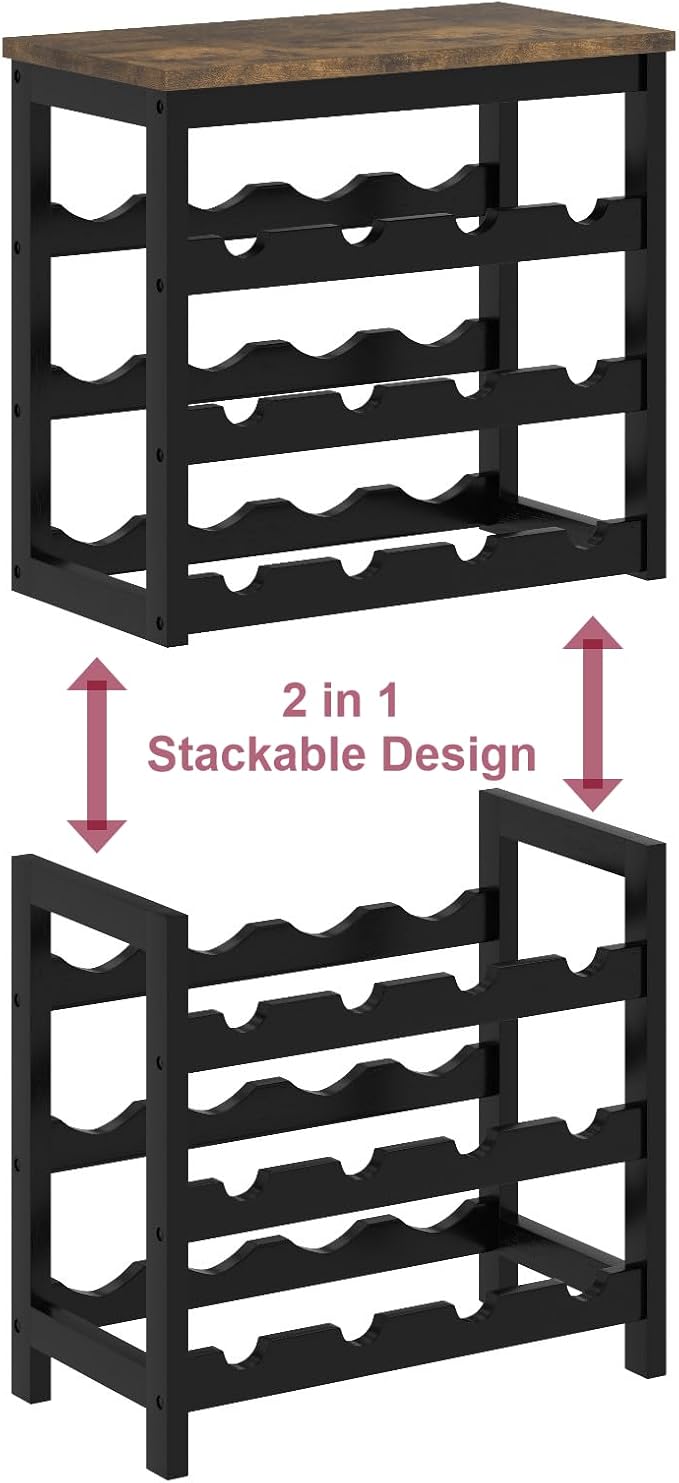 6 Tier Bamboo Wine Rack Freestanding Floor, 24 Bottles Wine Storage Shelves with Table Top, Stackable Wine Display Rack for Kitchen, Bar, Dining Room, Rustic Brown and Black