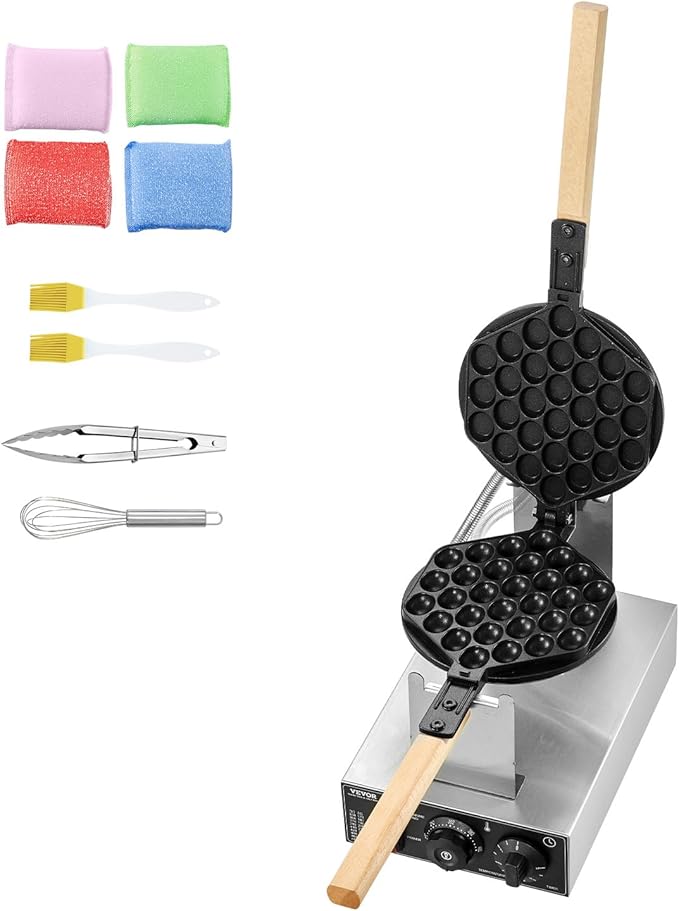 VEVOR Commercial Bubble Waffle Maker, 1400W Egg Pancake Baker Machine, Non-Stick Stainless Steel Egg Bubble Puff, 180° Rotatable, Temp and Time Control, Wooden Handle, for Restaurant Bakery Snack Bar