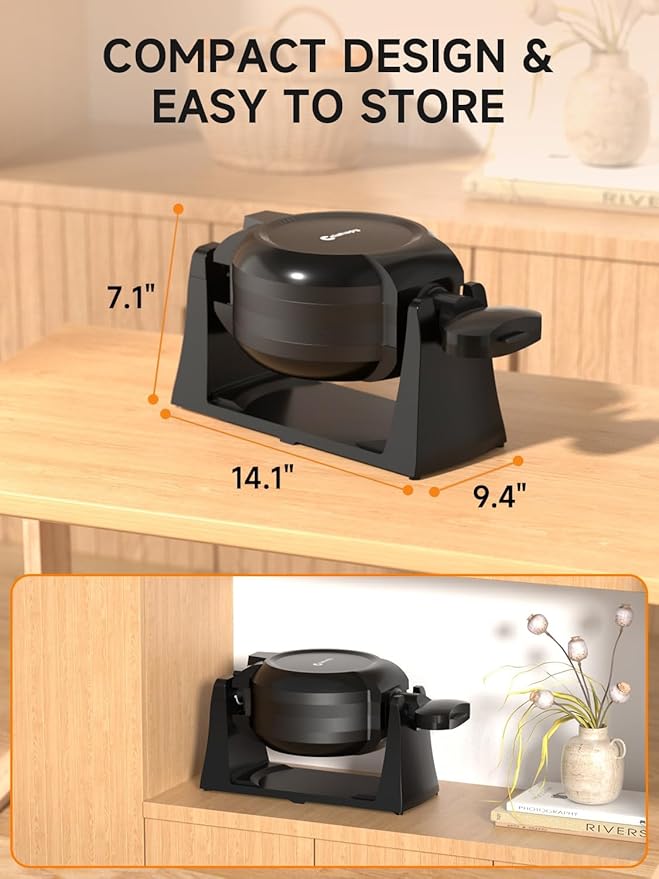 Waffle Maker, 1400W Double Belgian Waffle Iron 180° Flip, 8 Slices, Rotating & Nonstick Plates, Removable Drip Tray for Easy Cleaning, Cool Touch Handles, Space Saving Storage, Black