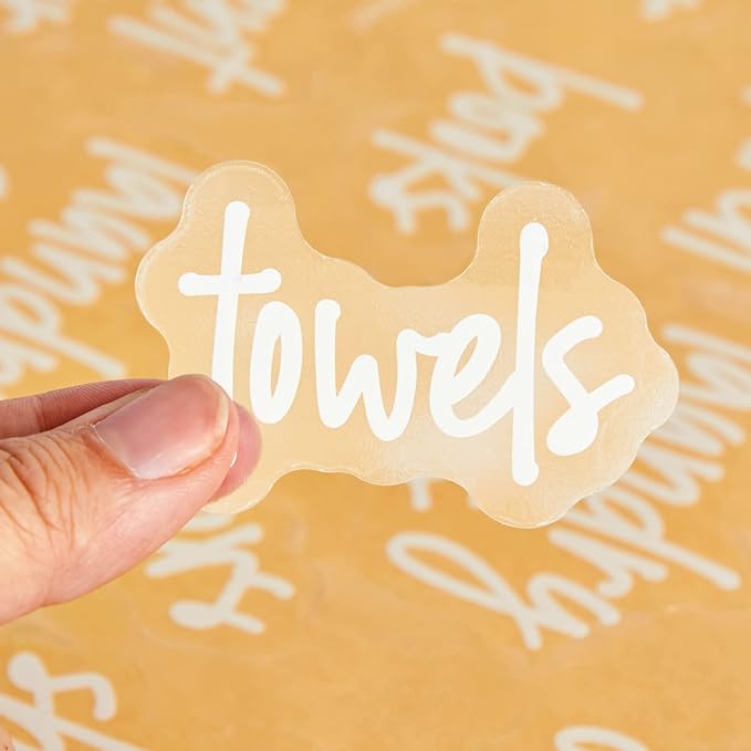 Talented Kitchen 141 Laundry Labels for Jars, Containers - Preprinted White Script Stickers for Linen Closet, Bathroom, Cleaning Supplies Organization, and Laundry Room (Water Resistant)