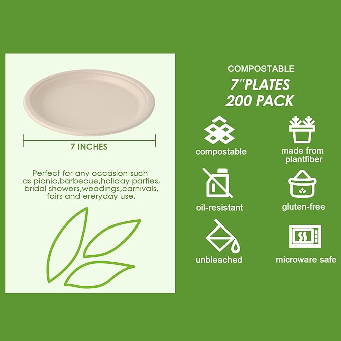 Vplus 200 Pack Paper Plates 7 inch 100% Compostable, Heavy-Duty Disposable Paper Plates Bagasse Natural Biodegradable Eco-Friendly Sugarcane