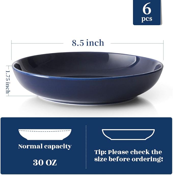 Y YHY Pasta Bowls, 30oz Soup Bowls Salad Bowls Large Serving Bowl Porcelain Pasta Plates Wide and Shallow Bowls Set of 6 Microwave Dishwasher Safe, Blue