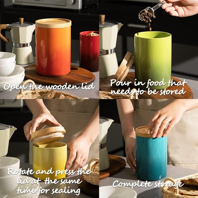 Sweejar Ceramic Food Storage Jar, Stackable Kitchen Canisters, Containers with Airtight Seal Wooden Lid for Serving Coffee Bean, Flour, Tea, Cookies, Spice and More - 58 Fl Oz (Gradient Blue)