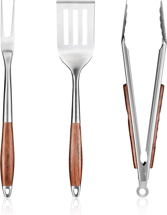 FJNATINH Heavy-Duty Grilling Accessories Rose Wooden BBQ Grilling Tools Set,Outdoor Grill Set with Spatula, Fork & Tongs,Essential Accessories for Barbecue & Grill. Ideal Gift for Men