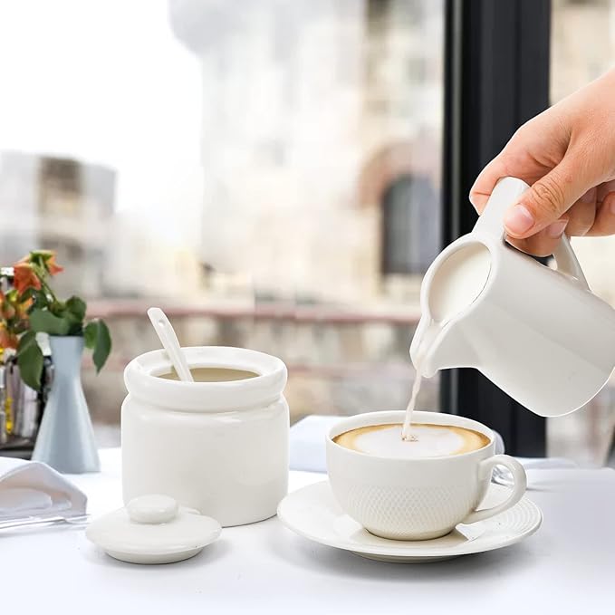 ZENFUN Set of 4 Porcelain Creamer and Sugar Set with Saucer, Sugar Bowl with Lid and Spoon, Cream Pitcher, Sweetener Holder, Coffee Serving Set for Kitchen Home Cafe Party, Restaurant, White