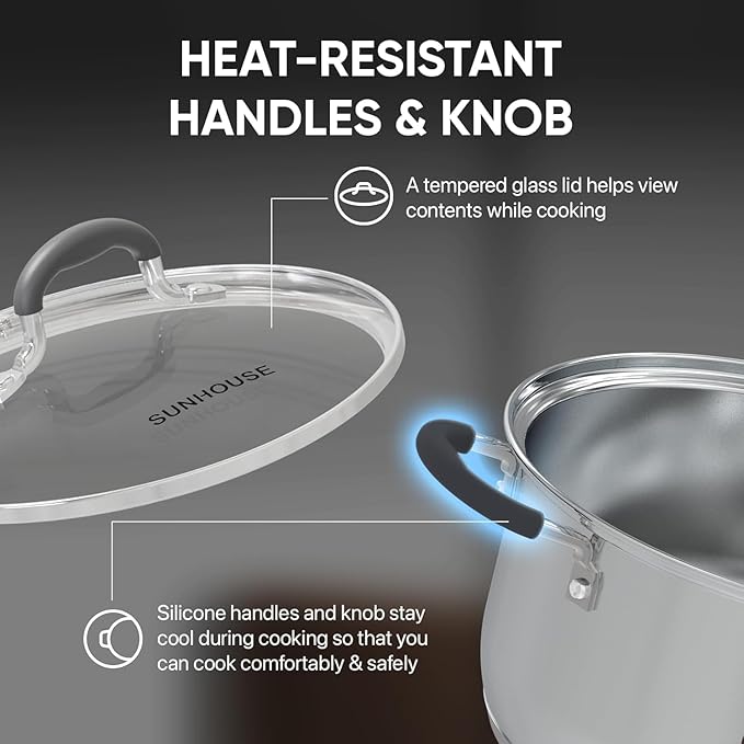 Sunhouse - 3.1 Quarts Steamer Pots With Lid 2-Tier Multipurpose Stainless Steel Steaming Pot Cookware For Vegetable, Dumpling, Sauce, Food - Triple Bottom, Measurement Line