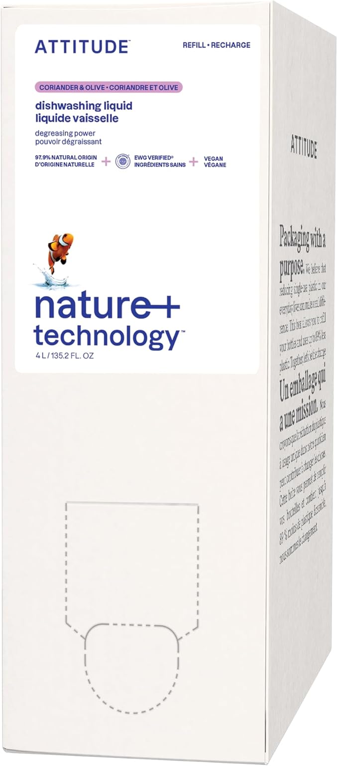 ATTITUDE Dish Soap Refill, EWG Verified, Plant-Based & Vegan Dishwashing Liquid, Naturally Derived, Olive & Coriander Scent, 135.3 Fl Oz