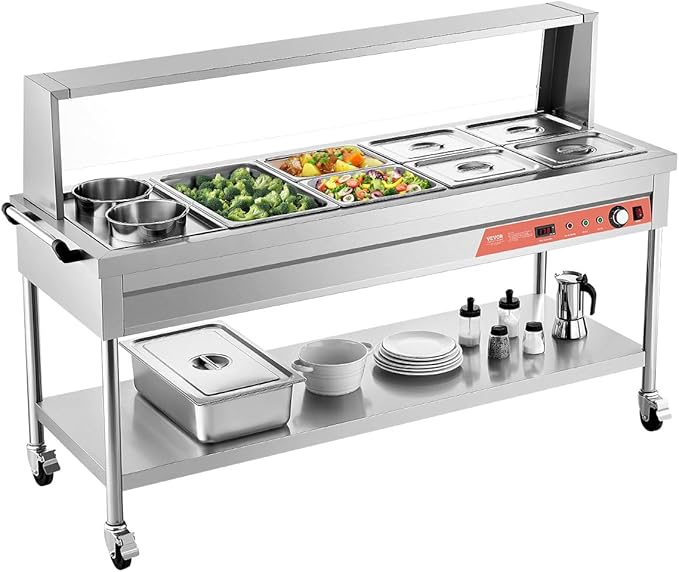 VEVOR Commercial Electric Food Warmer, 7 Pans + 2 Pots Steam Table, 1800W Professional Buffet Catering Food Warmer with Shield Undershelf Wheels, Stainless Steel Server for Party Restaurant