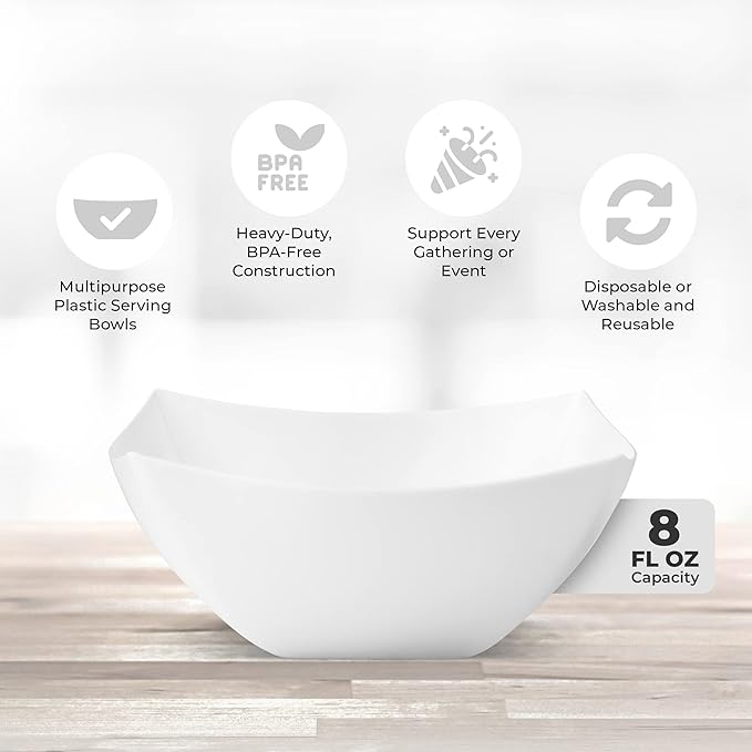 Posh Setting - White Plastic Serving Bowls for Party (8oz - 4 Pack) Square, Disposable, Salad & Fruit Bowls for Party Table, Candy Containers for Candy Buffet