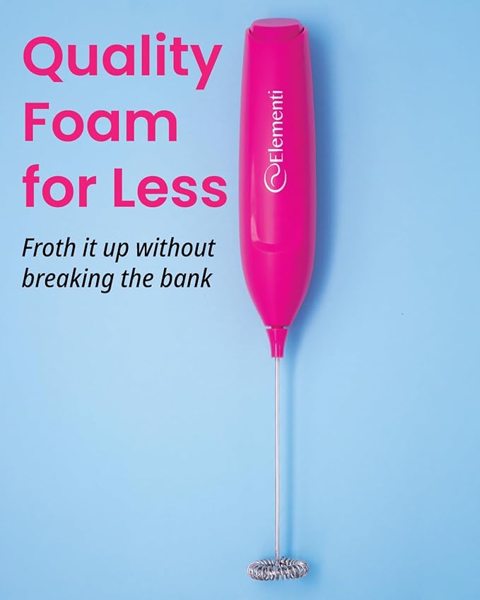 Elementi Pink Milk Frother Wand & Matcha Mixer, Mini Electric Whisk - Coffee Mixer Wand - Coffee Stirrers Electric Matcha Whisk (Hot Pink)