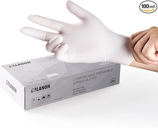 LANON Food Safe White Disposable Nitrile Gloves, Latex-Free, Powder-Free, Textured Fingertips, Cooking, Cleaning, Medium