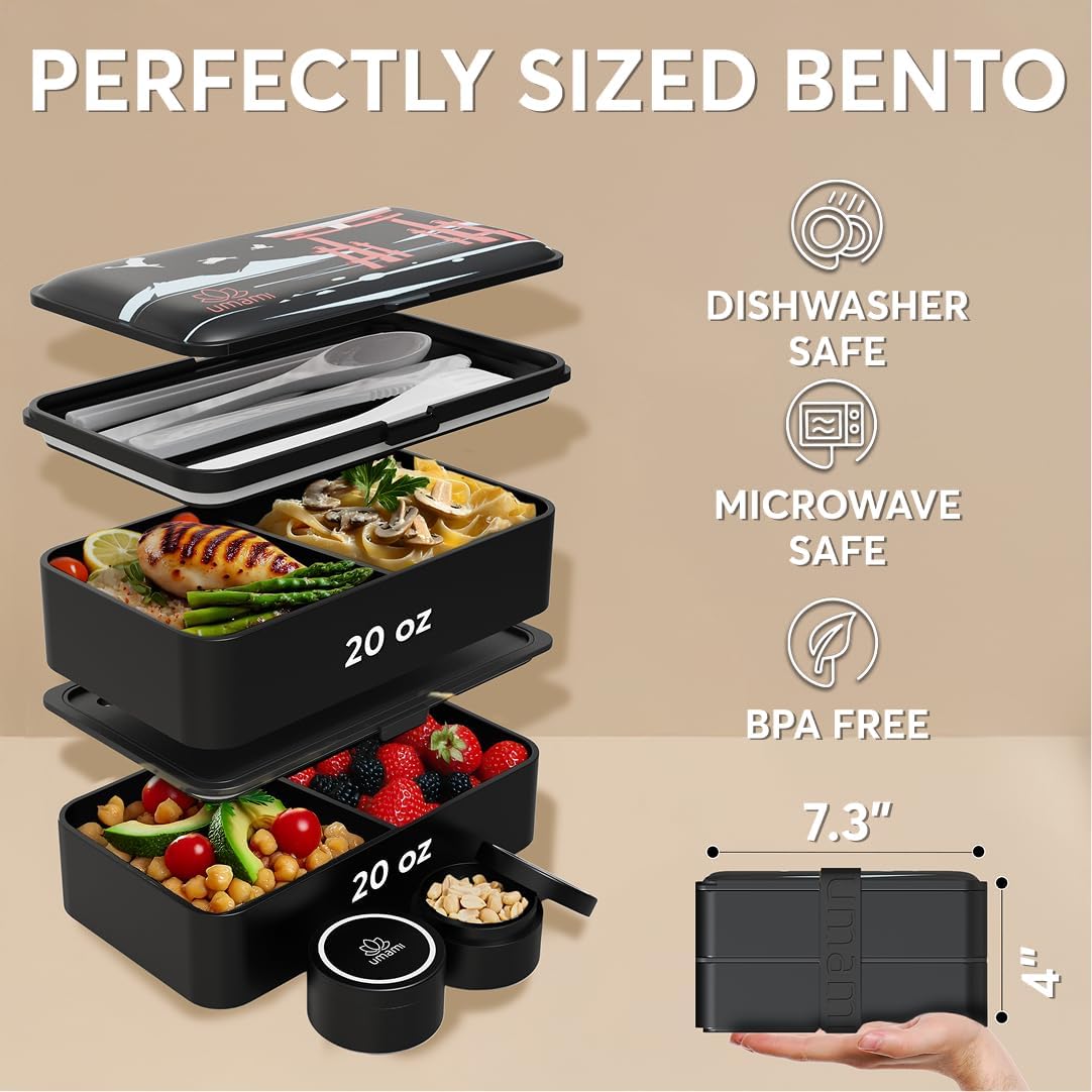 Umami Bento Box Adult All-In-1 w/4 Utensils, 2Sauce Jars, 2 Dividers, 100% Leakproof, Microwave & Dishwasher Safe, Stackable Bento Lunch Box Containers for Men/Women, Matte Black - Miyajima, 40 oz