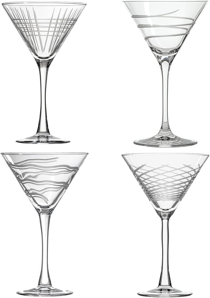 Rolf Glass Symmetry Martini Cocktail Glass | 10oz Martini Glasses | Lead-Free and Diamond-Wheel Engraved | Mixed Contemporary Designs | Proudly Made in the USA | Set of 4