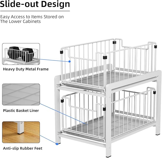 2 Tier Sliding Basket Drawer Organizer, Pull Out Under Sink Cabinets Organizers, Metal Home Shelf for Bathroom or Kitchen, Sliding Countertop or Pantry Storage Shelf, Large White