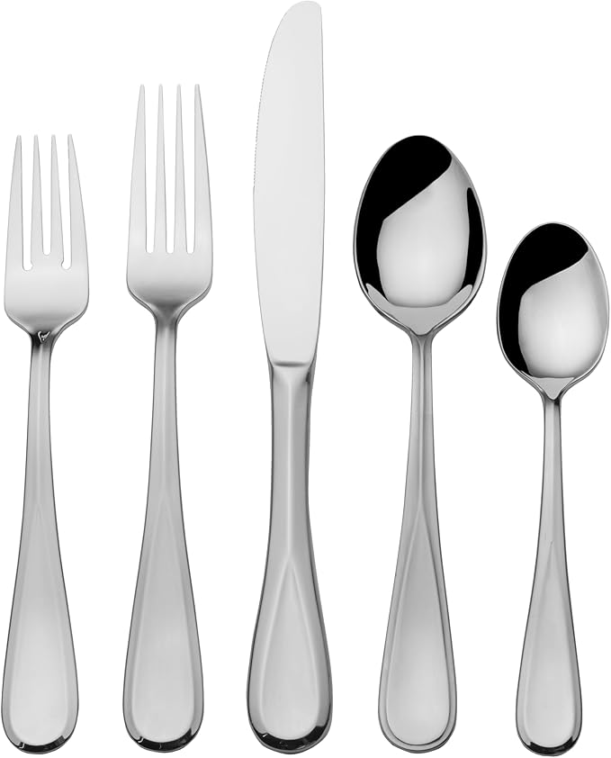 Mikasa Bravo Flatware Service for 8 with caddy, 18/10 Stainless Steel, Silverware Set with Serving Utensils and Expandable Caddy, 52 Piece