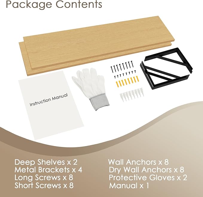 DINZI LVJ Long Wall Shelves, 31.5 Inch Wall Mounted Shelves Set of 2, Easy-to-Install, Wall Storage Ledges with Sturdy Metal Brackets for Living Room, Bathroom, Bedroom, Kitchen, Natural