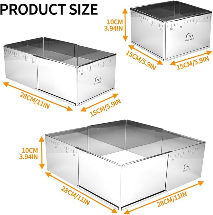 Guowall Adjustable Cake Ring Extensible Rectangle Ring Mold Detachable Stainless Steel Square Shaped Cake Cutter, Nonstick DIY Baking - 5.9 x 5.9 in (15 x 15 cm)