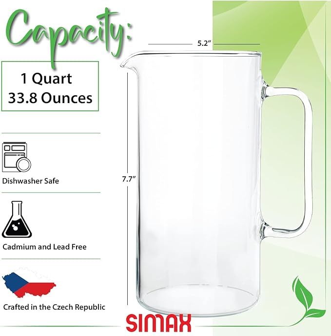 Simax Glass Pitcher, 32 Ounce (1 Quart) Borosilicate Glass, Hot and Cold Safe Iced Tea Pitchers for Drinks, Made in Europe Glass Water Pitcher, Cocktail Jug, Lemonade, Sangria