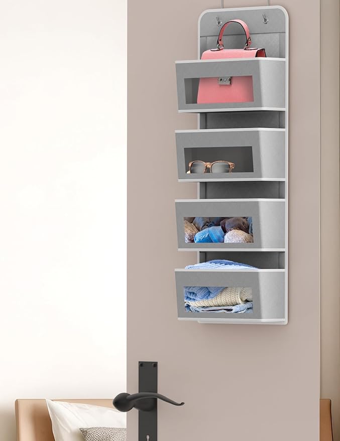 Simple Houseware 4 Clear Window Pocket Over Closet Door Storage Hanging Organizer for Bedroom, Bathroom, Pantry, Gray