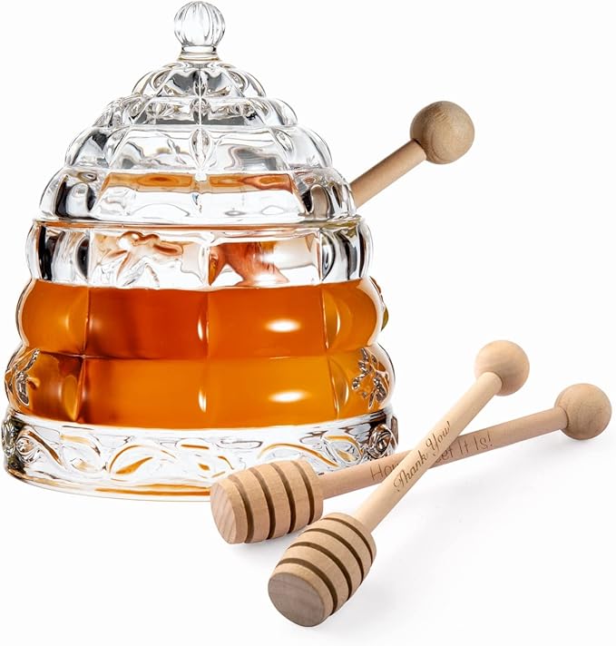 M&N HOME Honey Dish with 3 Dippers, Honey Jar, Large Glass Honey Pot storage with Lid and Inscribed Wooden Honey Dippers, Glass Honey Dispenser Thank You Gift,