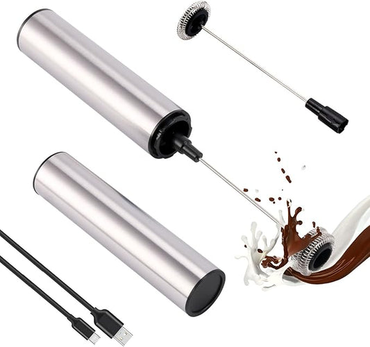 Micro Rechargeable Foamer| Handheld Battery Operated Milk Frother for Coffee| Travel Drink Mixer with Patent 2 Stainless Steel Whisk Heads| Keto Coffee, Latte, Cappuccino, Hot Chocolate| Silver