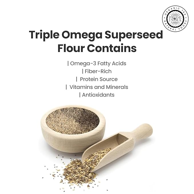 Pride of India- Triple Omega Superseed Flour 1 lbs (454 gm) Nutty Earthy Taste Milled in Small Batches | Chia Flax Sesame Seed mix | Ideal for Muffins Smoothies Oatmeal Pudding | Vegan, Gluten-Free