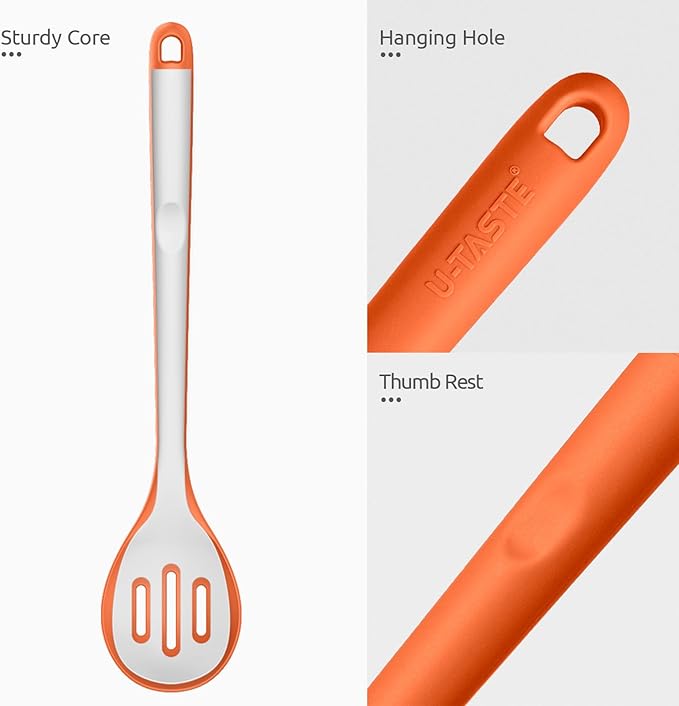 600ºF Heat Resistant Slotted Spoon: U-Taste 13.3in Solid Kitchen Cooking Spoon, Nonstick Food Grade Large & Long Rubber Utensil for Mixing, Serving, Stirring, Basting, Frying, Draining (Orange)