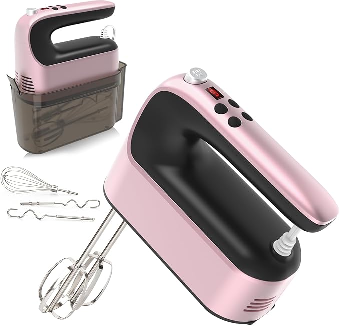 9-Speed Digital Hand Mixer Electric, 400W Powerful DC Motor, Baking Mixer Handheld with Snap-On Storage Case, 5 Stainless Steel Accessories, Flat Beaters, Dough Hooks, Whisk (Rose Gold)